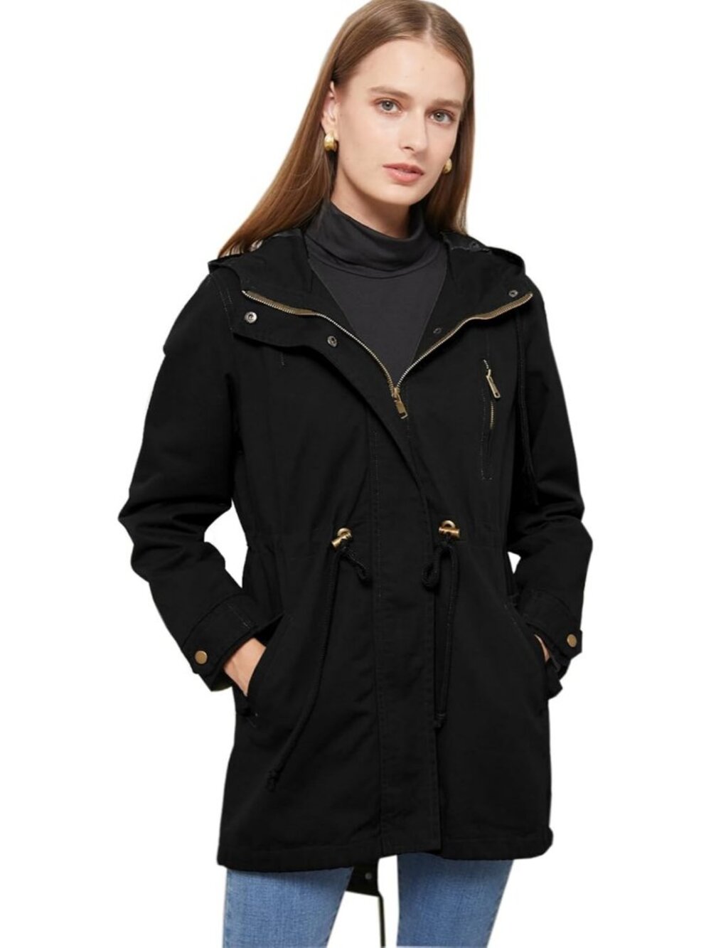 Women's Black Lightweight Jackets Anorak Utility Drawstring Waist Hoodie Zip Up
